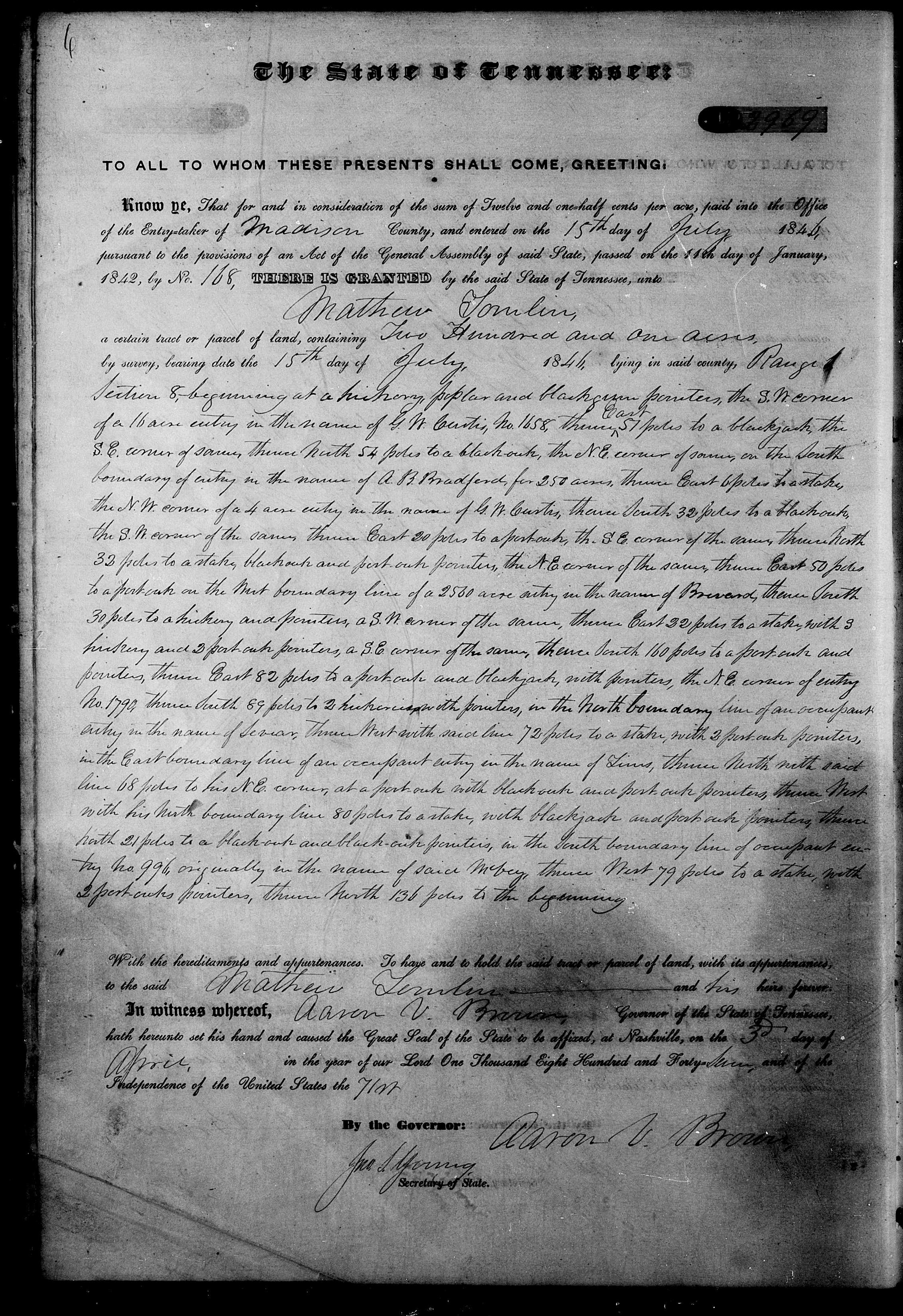 1847 TN West Tenn district grants vol4A p6 Mathew Tomlin grant 2969.jpg
